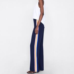 Zara Navy Wide Leg Pants with Multi-Color Side Stripes